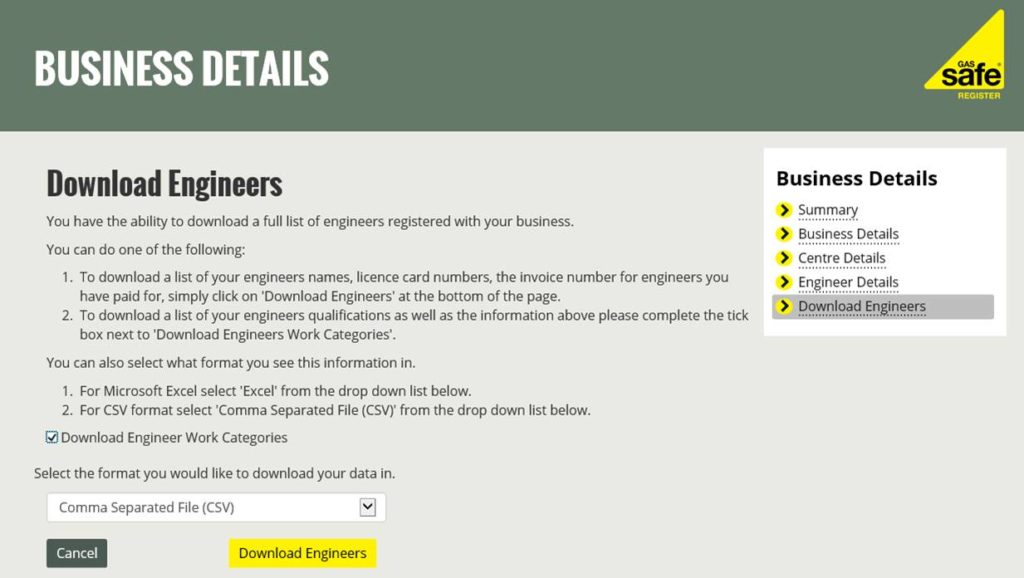 Gas Safe Register business section