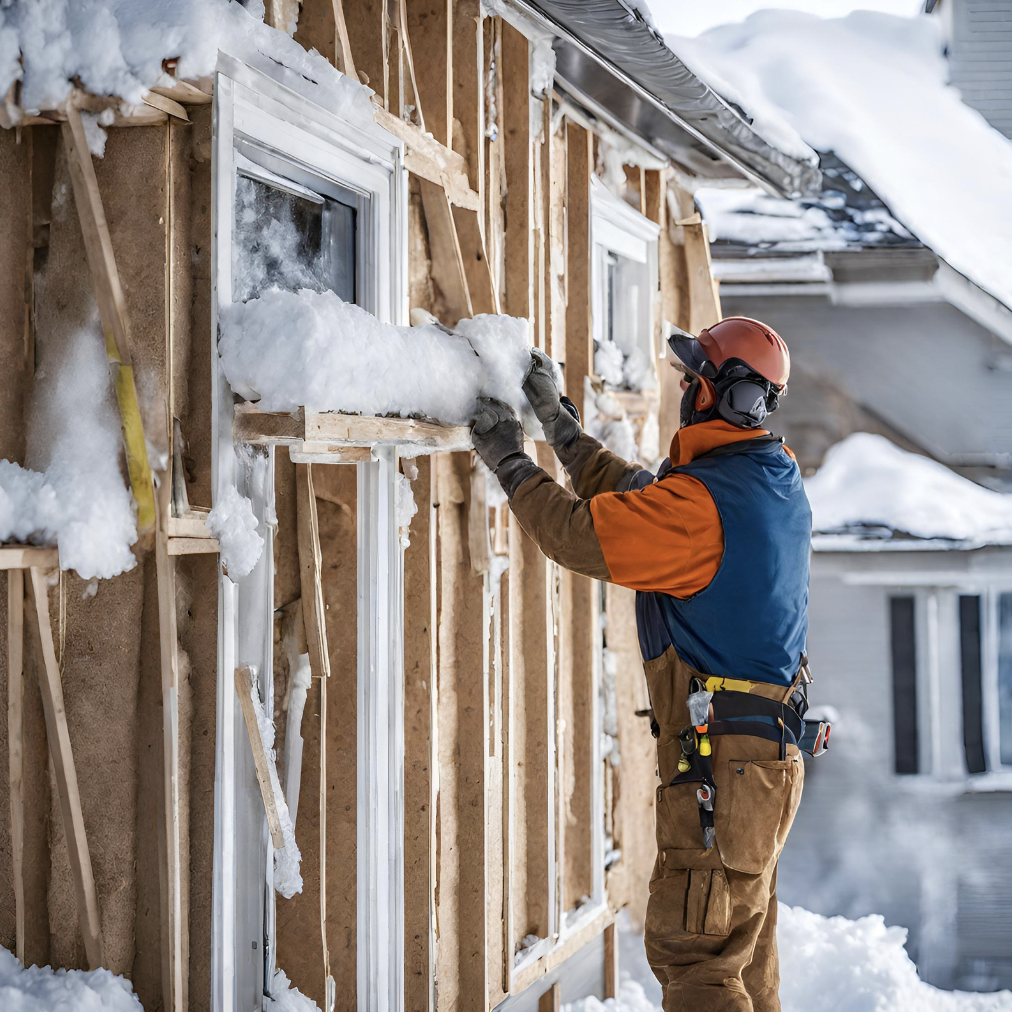 A photo of a worker installing insulation in a home