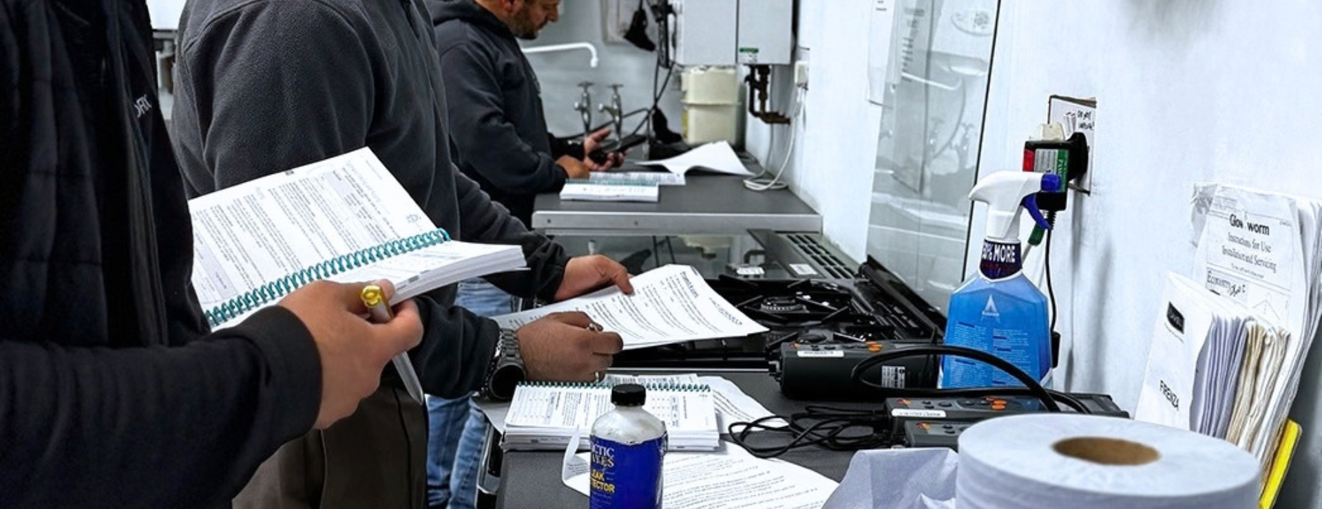 Men on their gas course reading the training manuals whilst in a Logic4training gas training workshop